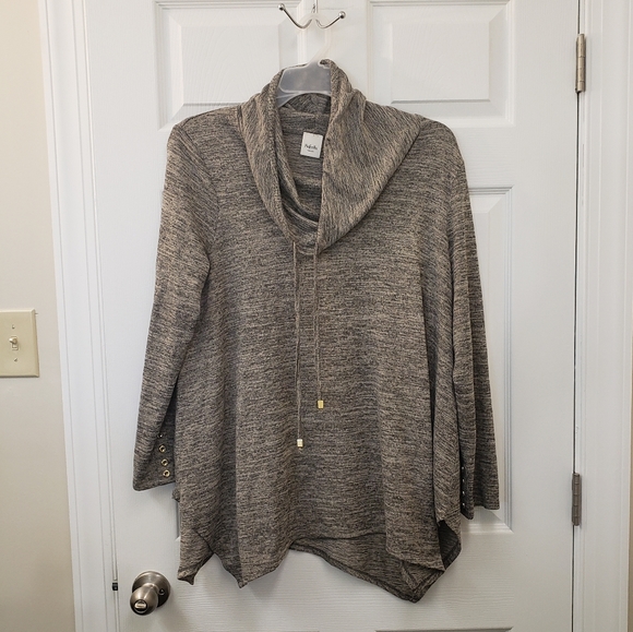 Rafaella weekend, Tan black, cowlneck drawstring, sharkbite hem knit tunic, SZXL - Picture 4 of 14